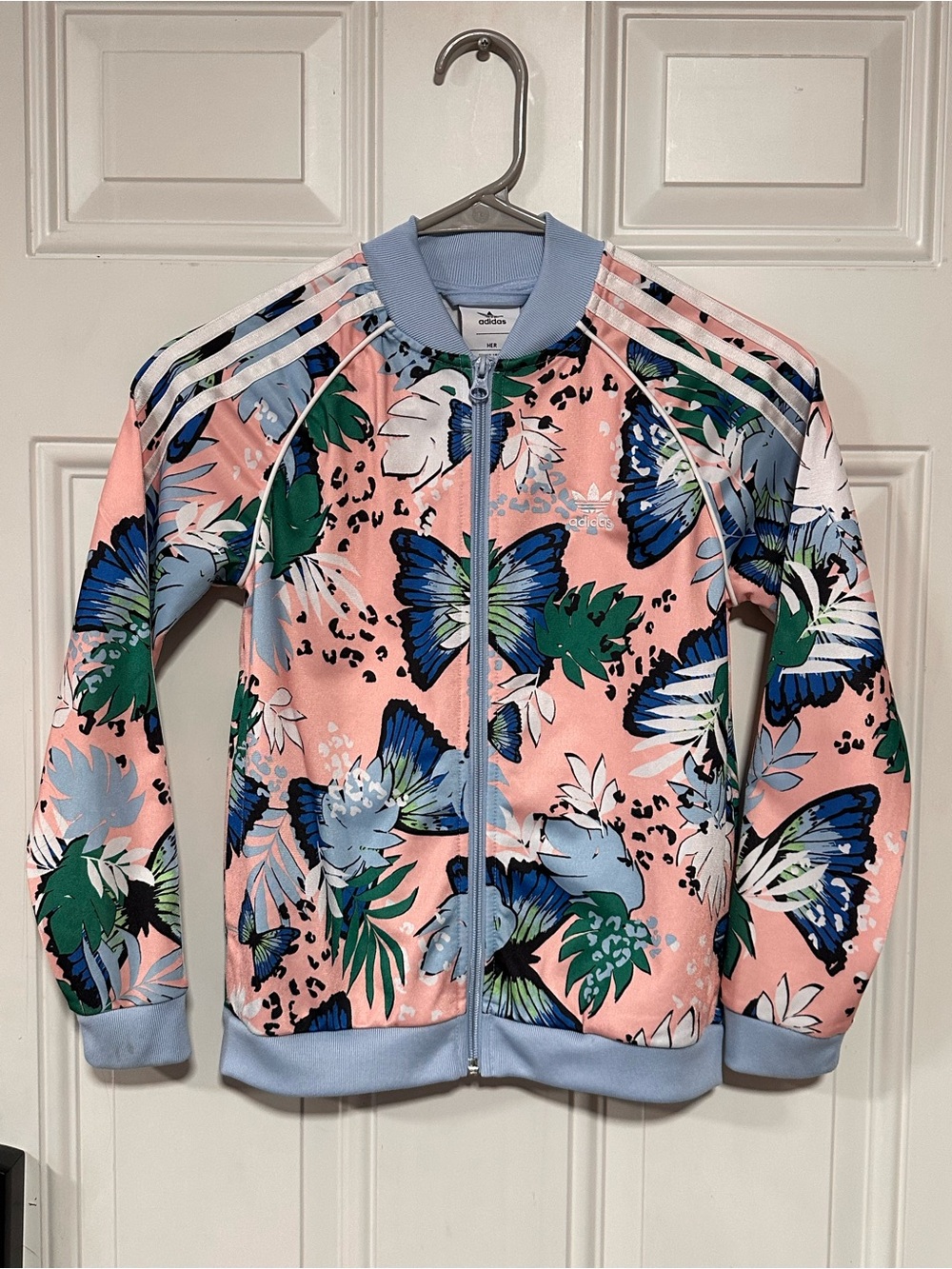 Adidas Pink Floral & Butterfly Track Jacket with Blue Trim